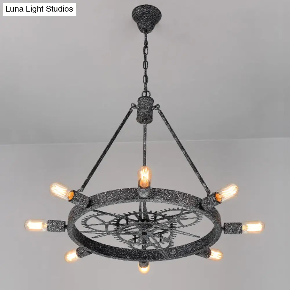 Industrial Hanging Chandelier With Exposed Bulb Design - 7/8 Bulbs Iron Frame Black/Silver Gear