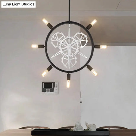 Industrial Hanging Chandelier With Exposed Bulb Design - 7/8 Bulbs Iron Frame Black/Silver Gear