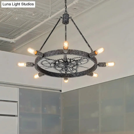 Industrial Hanging Chandelier With Exposed Bulb Design - 7/8 Bulbs Iron Frame Black/Silver Gear