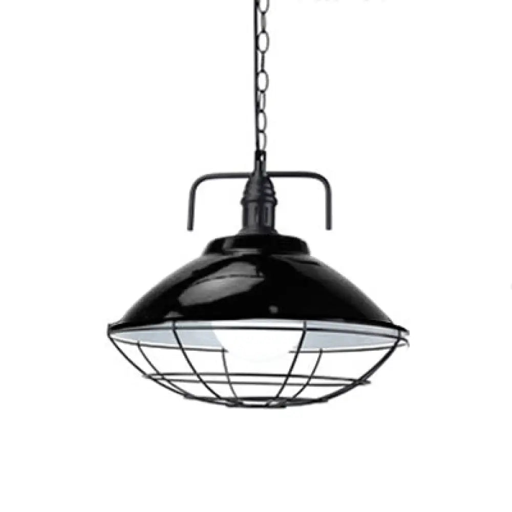 Industrial Hanging Lamp: 11’/14’ Dia 1-Light Dome Pendant Black/Blue Metal With Wire Cage For