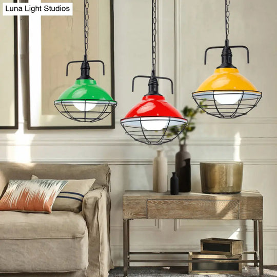 Industrial Hanging Lamp: 11’/14’ Dia 1-Light Dome Pendant Black/Blue Metal With Wire Cage For