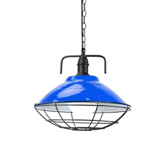 Industrial Hanging Lamp: 11’/14’ Dia 1-Light Dome Pendant Black/Blue Metal With Wire Cage For