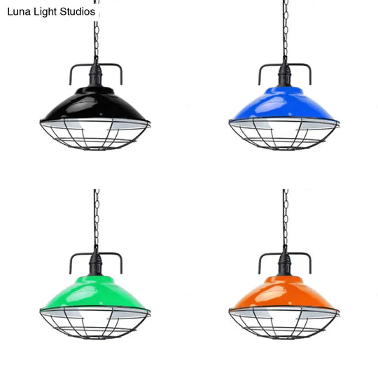 Industrial Hanging Lamp: 11’/14’ Dia 1-Light Dome Pendant Black/Blue Metal With Wire Cage For