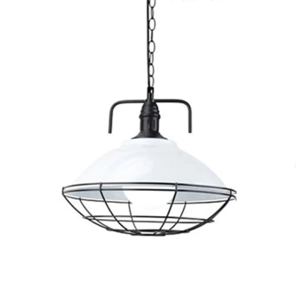 Industrial Hanging Lamp: 11’/14’ Dia 1-Light Dome Pendant Black/Blue Metal With Wire Cage For