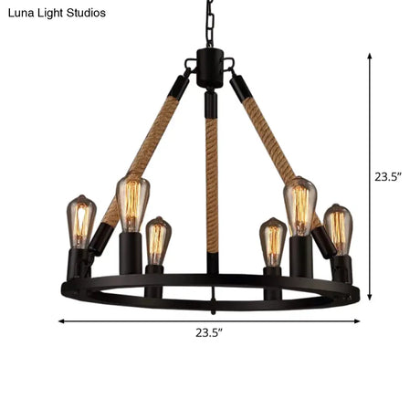 Industrial Hemp Rope Wagon Wheel Chandelier With 6/8 Black Pendant Lights For Living Room Ceiling