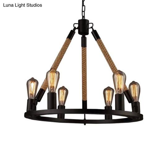 Industrial Hemp Rope Wagon Wheel Chandelier Pendant - Black 6/8 Lights For Living Room Ceiling Hang