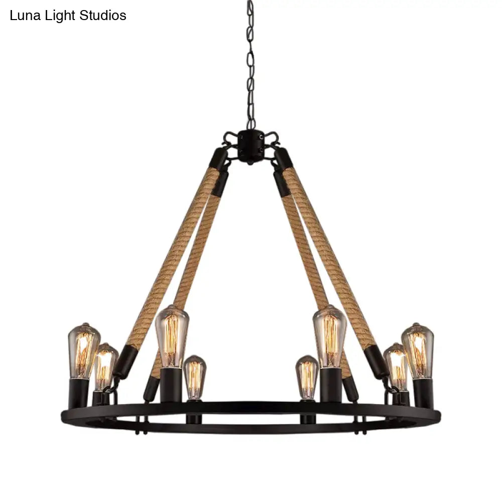 Industrial Hemp Rope Wagon Wheel Chandelier With 6/8 Black Pendant Lights For Living Room Ceiling