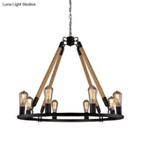 Industrial Hemp Rope Wagon Wheel Chandelier With 6/8 Black Pendant Lights For Living Room Ceiling