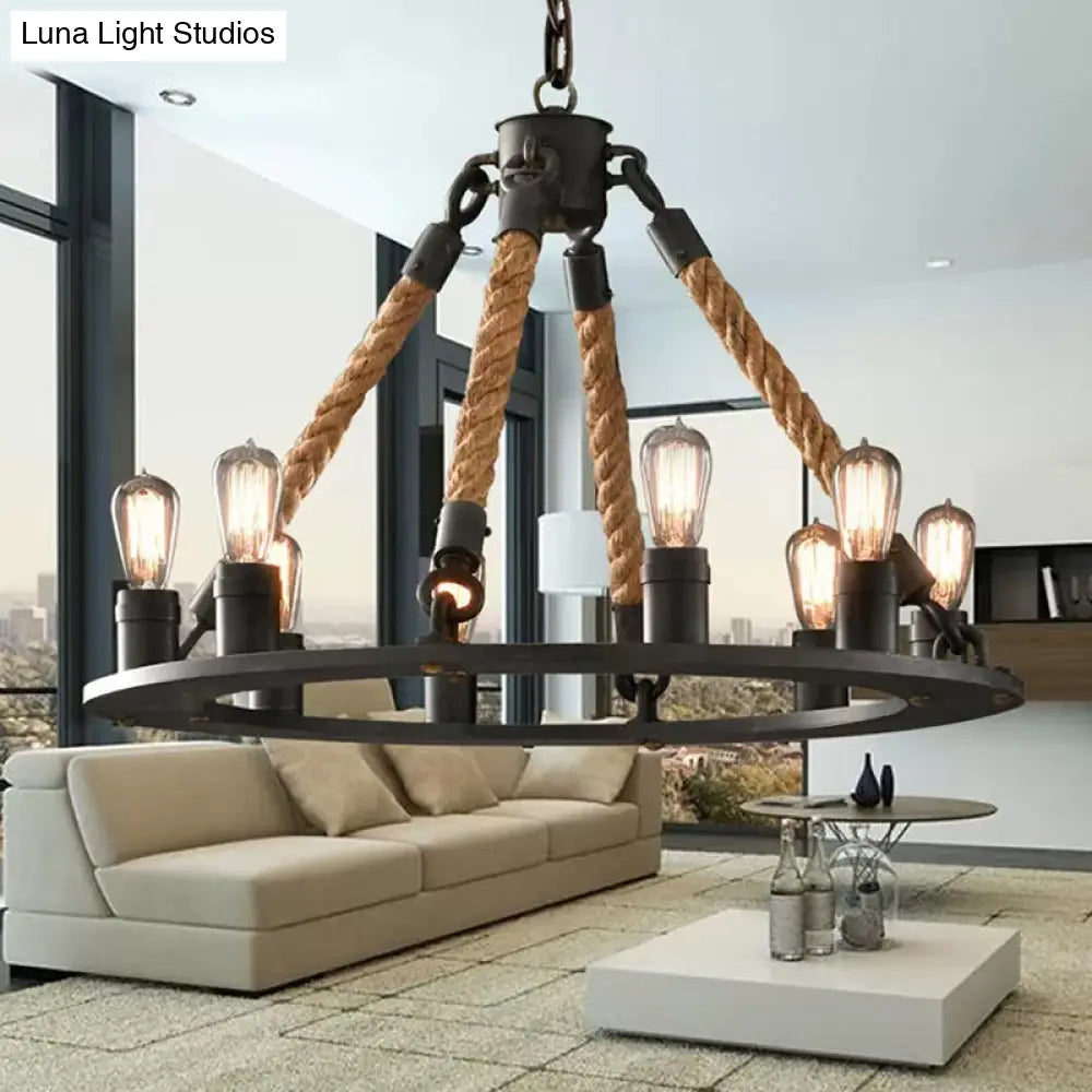 Industrial Hemp Rope Wagon Wheel Chandelier With 6/8 Black Pendant Lights For Living Room Ceiling