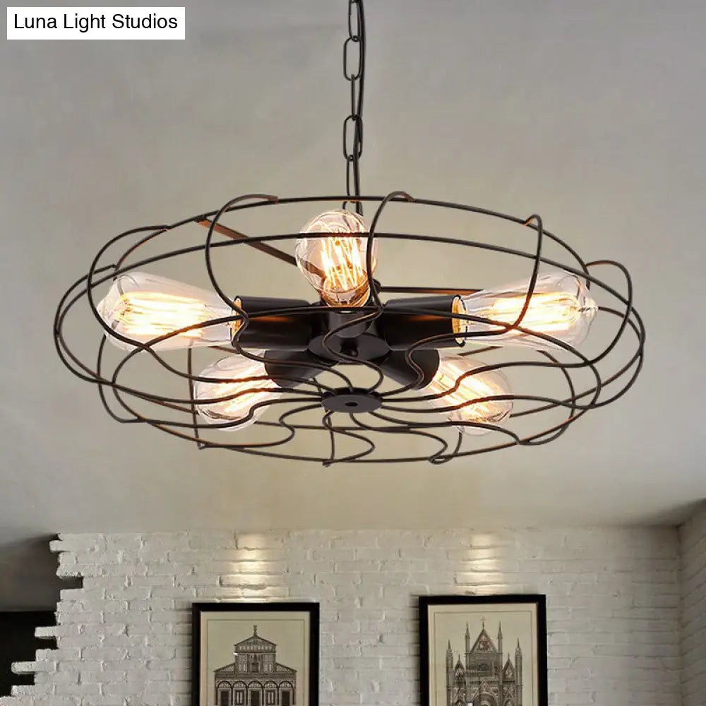 Industrial Iron Chandelier - 5-Light Cage Hanging Lamp For Bedroom Lighting Black / Chain