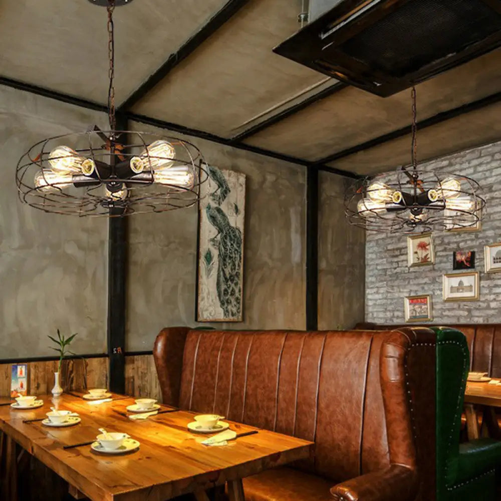 Industrial Iron Cage Hanging Lamp | 5-Light Chandelier For Bedroom Rust / Chain