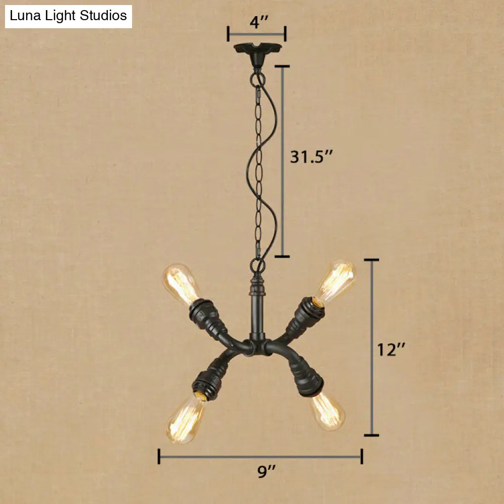 Industrial Stylish Bare Bulb Chandelier Pendant Light - 4-Light Iron Lamp With Water Pipe Design In