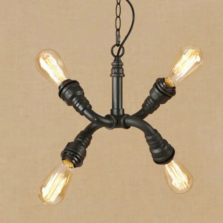 Industrial Iron Chandelier Pendant Light With Water Pipe - Stylish Bare Bulb Lamp (4-Light Black)
