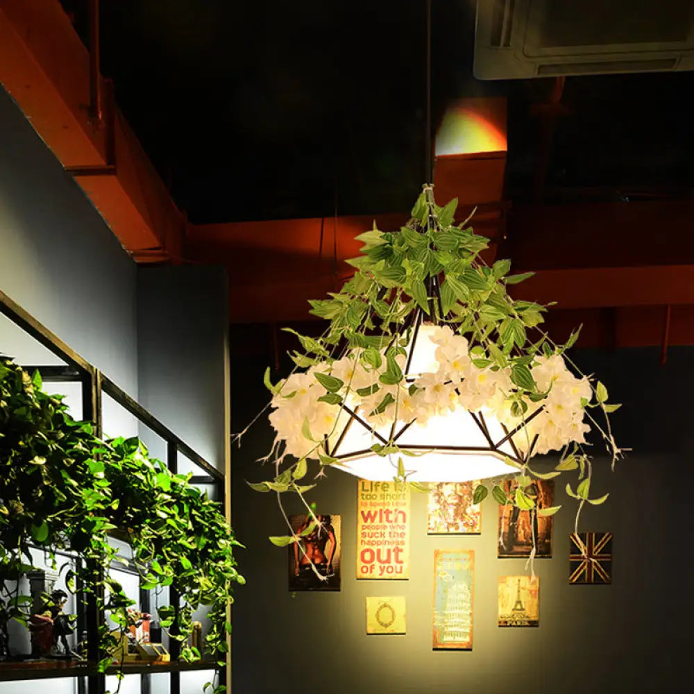 Industrial Iron Diamond Cage Pendant Ceiling Lamp With Cherry Blossom Decor - White/Pink
