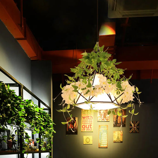 Industrial Iron Diamond Cage Pendant Ceiling Lamp With Cherry Blossom Decor - White/Pink