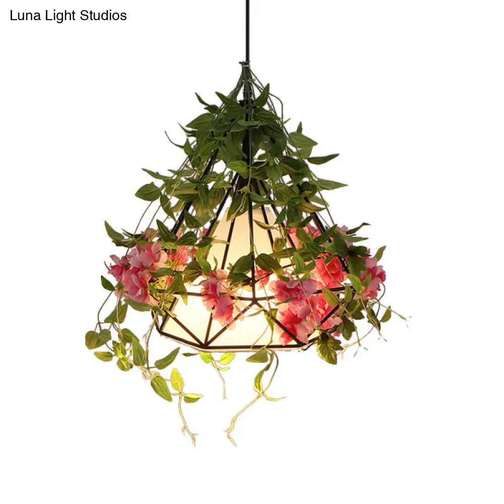 Industrial Iron Diamond Cage Drop Pendant With Cherry Blossom Decor - White/Pink 10/15/18 Wide