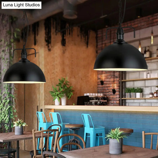 Dome Industrial Iron Pendant Light - Single Black Finish Dining Room Hanging Lamp With Vent