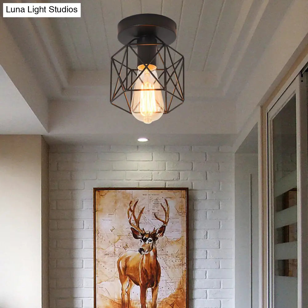 Industrial Iron Hexagonal Balcony Ceiling Light - Semi Flush Mount Fixture With 1-Bulb