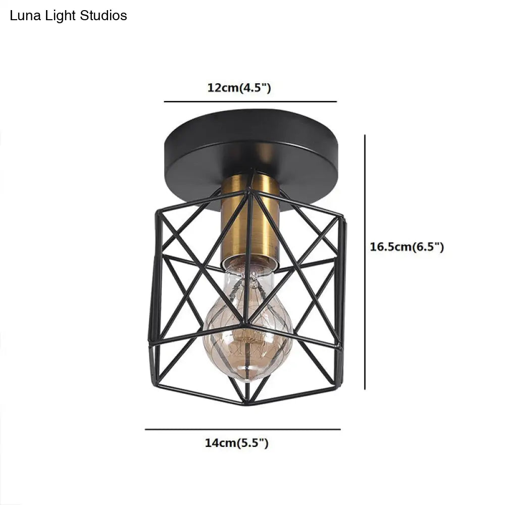 Industrial Iron Hexagonal Balcony Ceiling Light - Semi Flush Mount Fixture With 1-Bulb