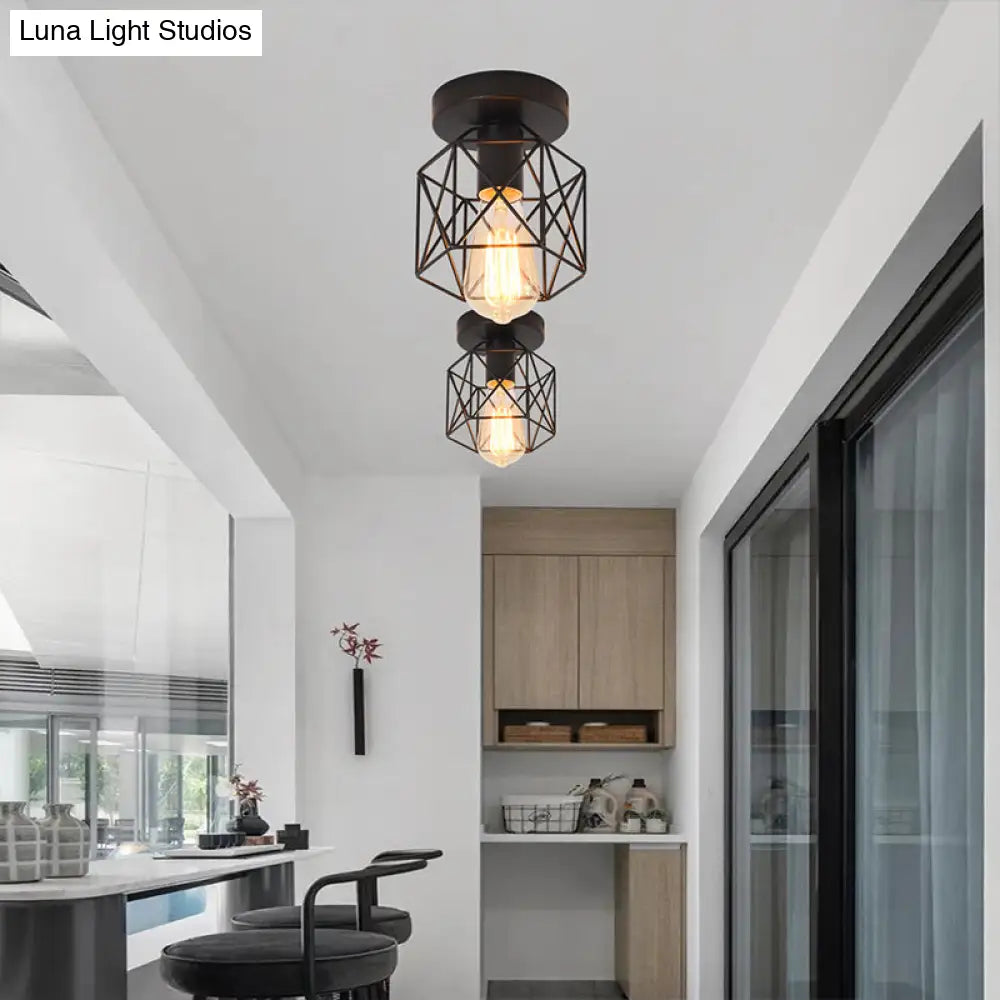 Industrial Iron Hexagonal Balcony Ceiling Light - Semi Flush Mount Fixture With 1 - Bulb