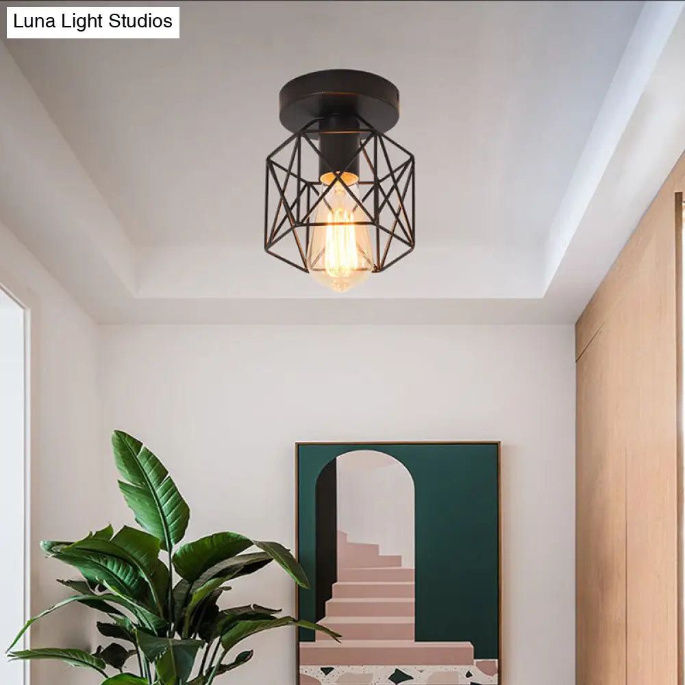 Industrial Iron Hexagonal Balcony Ceiling Light - Semi Flush Mount Fixture With 1-Bulb Black