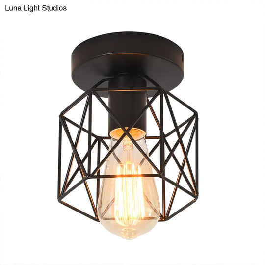 Industrial Iron Hexagonal Balcony Ceiling Light - Semi Flush Mount Fixture With 1 - Bulb