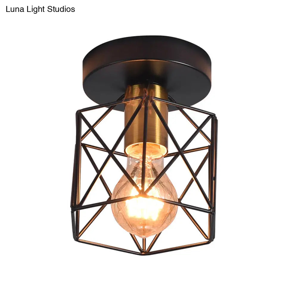 Industrial Iron Hexagonal Balcony Ceiling Light - Semi Flush Mount Fixture With 1 - Bulb Gold