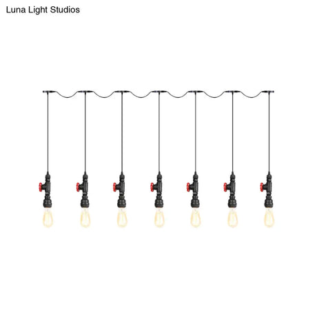 Industrial Iron Multi Pendant Light With Black Finish - 5/7 Bulbs Tandem Hanging Lamp