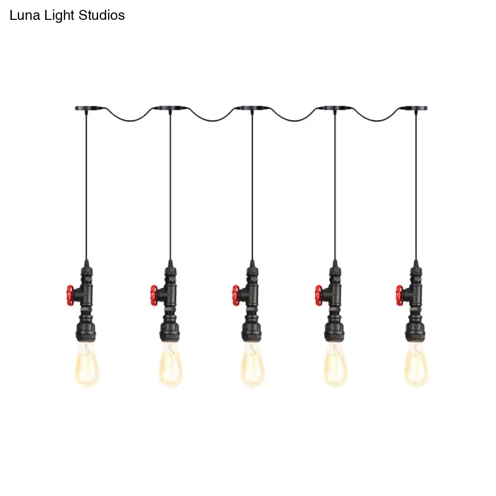 Industrial Iron Multi Pendant Light With Black Finish - 5/7 Bulbs Tandem Hanging Lamp
