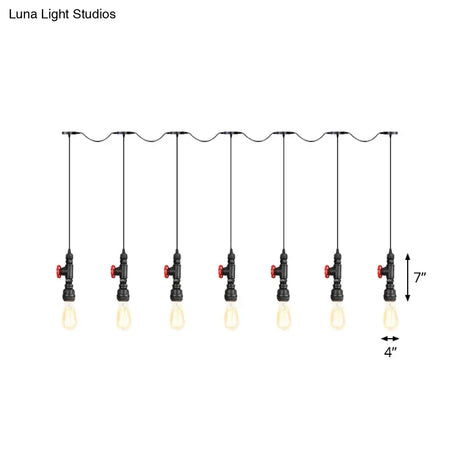 Industrial Iron Multi Pendant Light With Black Finish - 5/7 Bulbs Tandem Hanging Lamp