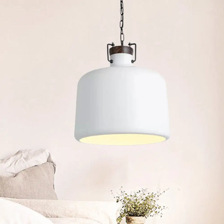 Industrial Iron Pendant Light Fixture - Bucket Restaurant 1 Bulb Suspension Lamp (Black/White) White