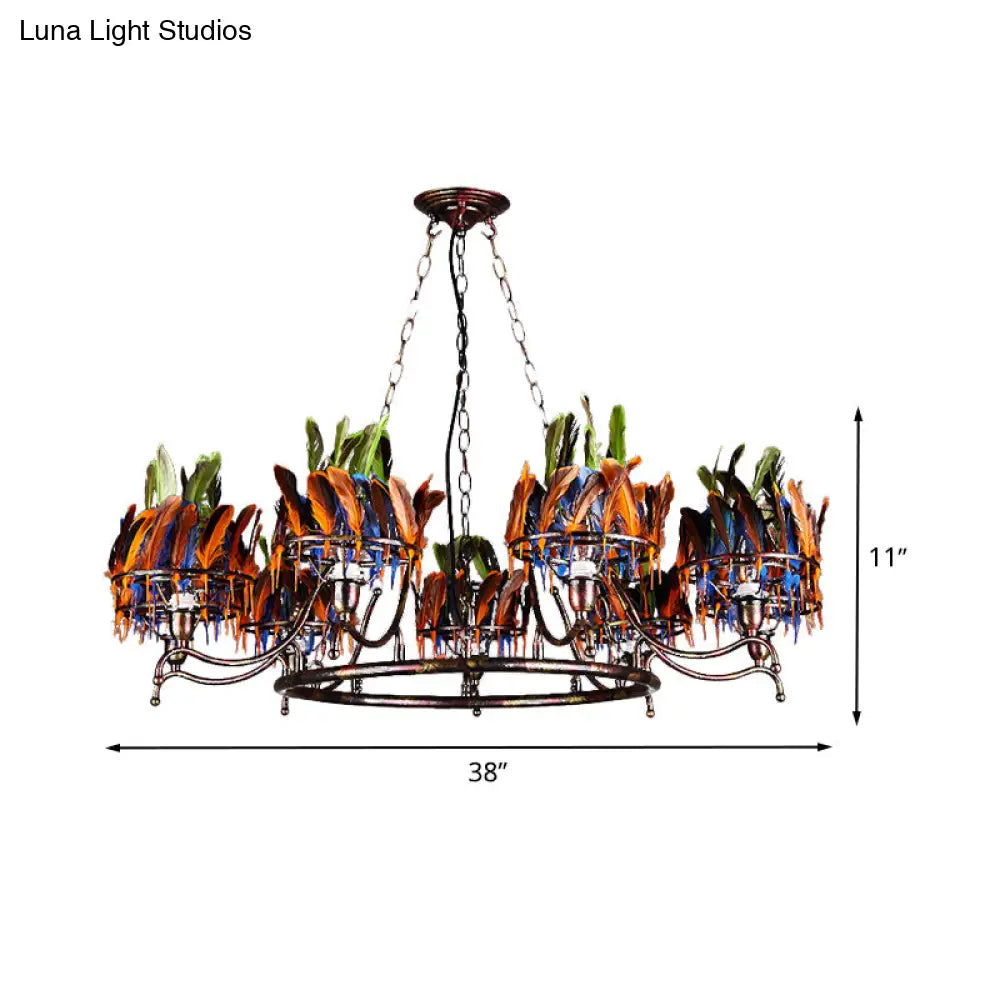 Industrial Iron Rusty Chandelier Light Fixture - 9 Lights Round Hanging Ceiling Lamp With Colorful