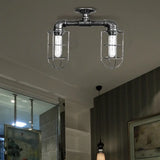 Industrial Iron Semi-Mount Ceiling Lighting With 2 Lights In Bronze/Aged Silver Finish Aged