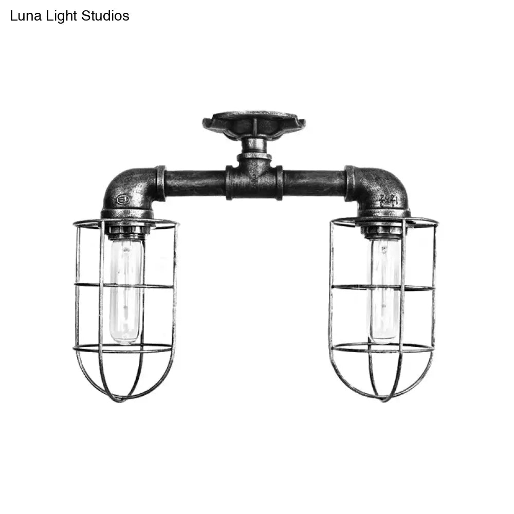 Industrial Iron Semi-Mount Ceiling Lighting With 2 Lights In Bronze/Aged Silver Finish