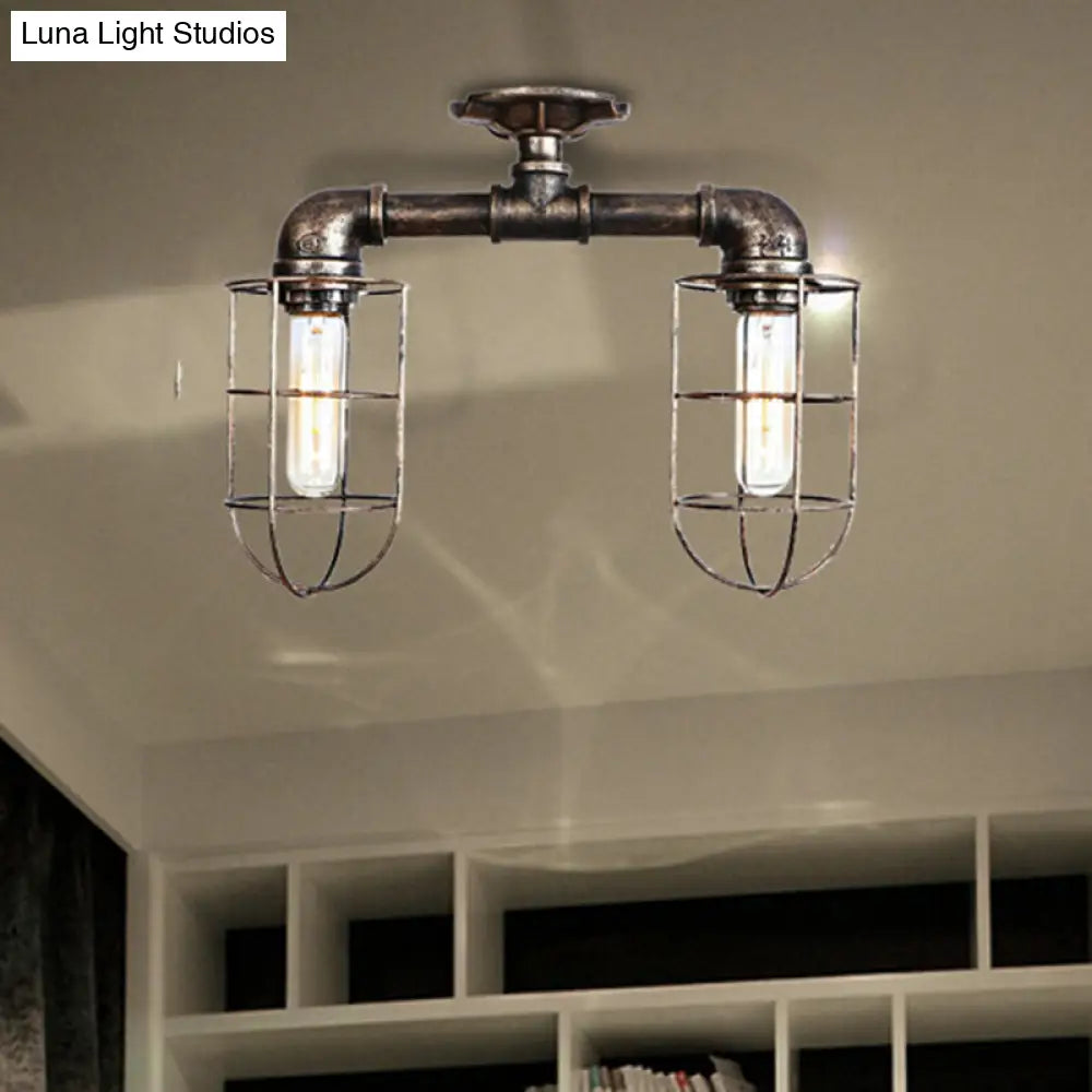 Industrial Iron Semi-Mount Ceiling Lighting With 2 Lights In Bronze/Aged Silver Finish Bronze