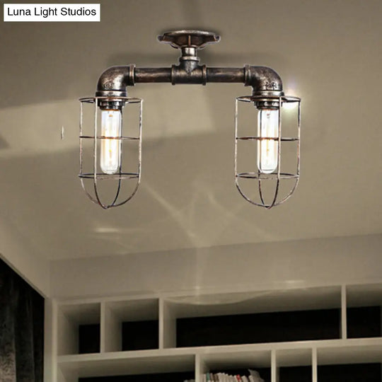Industrial Iron Semi-Mount Ceiling Lighting With 2 Lights In Bronze/Aged Silver Finish Bronze