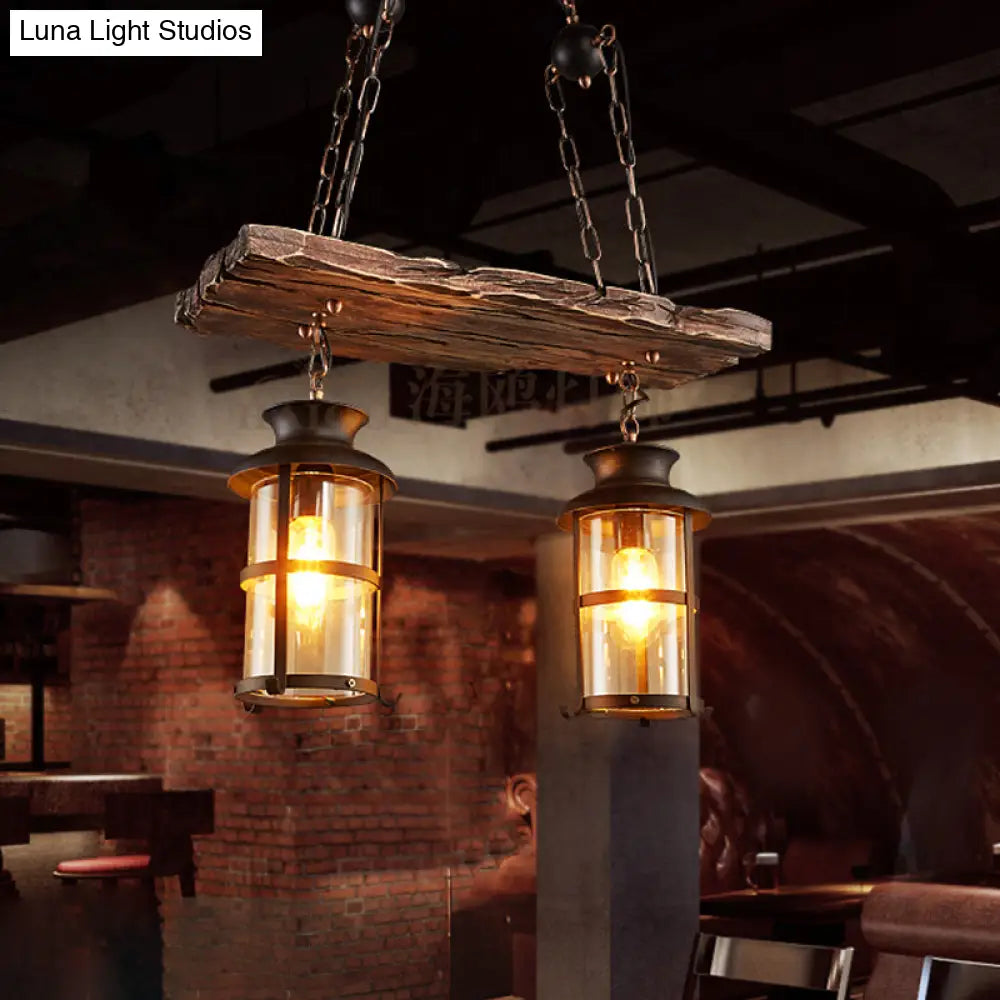 Industrial Lantern Pendant Light With Clear Glass Wood Decoration And Cage Design - 2/3 Lights Black