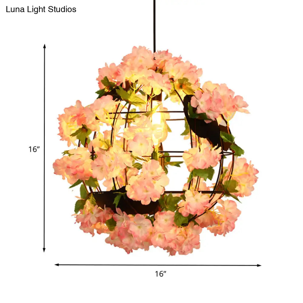 Industrial Led Drop Lamp Pendant - Metal Black Orb 12’/16’ Diameter 1 Head Cherry Blossom Design