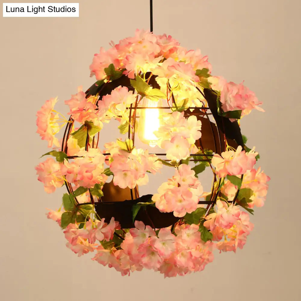 Industrial Led Drop Lamp Pendant - Metal Black Orb 12’/16’ Diameter 1 Head Cherry Blossom Design