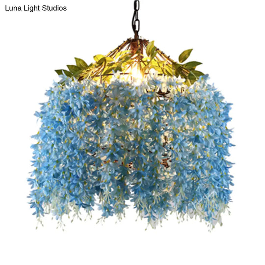 Industrial Led Hanging Lamp With Blossom Metal Shade - Blue/Yellow