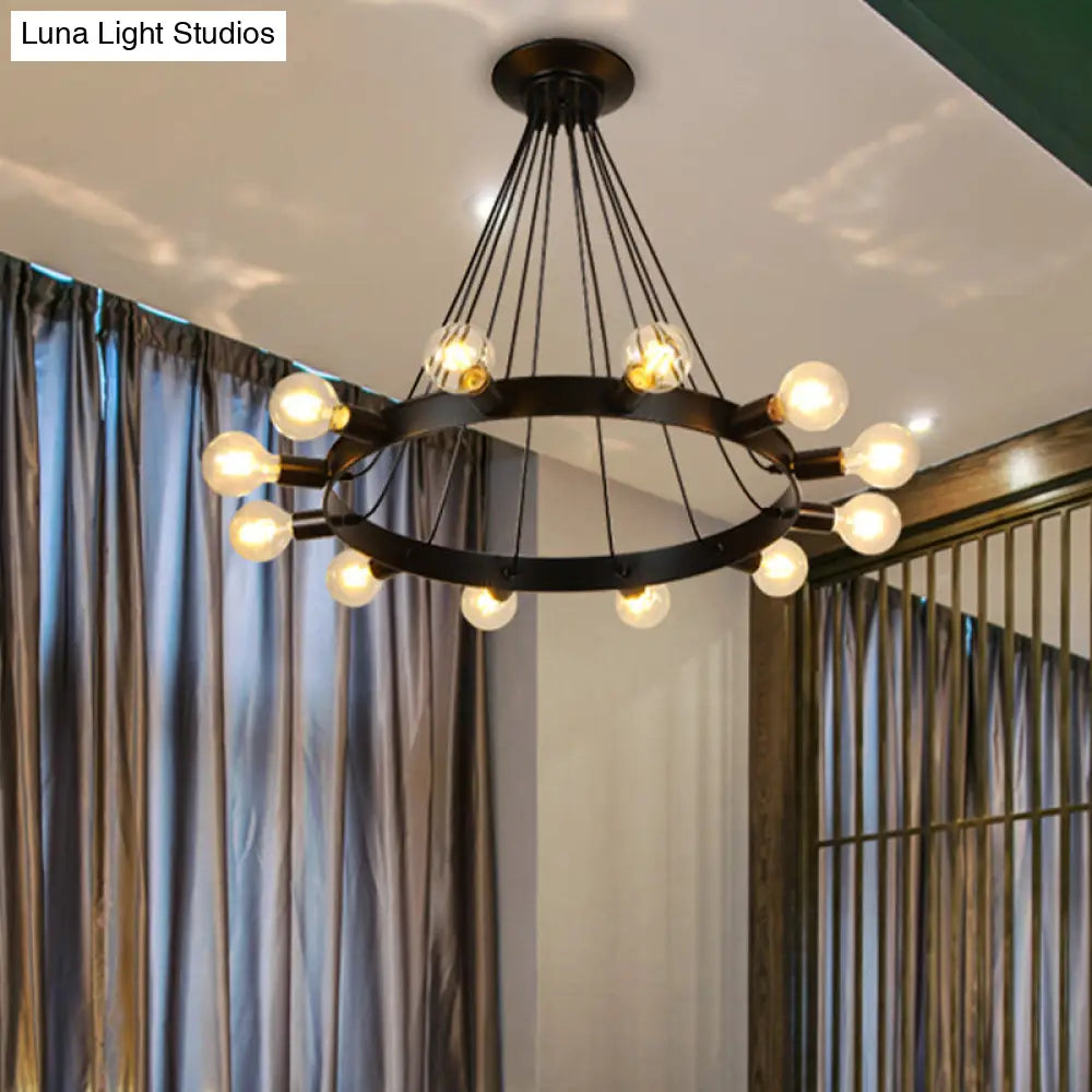 Industrial Loft Black Metal Pendant Lamp - 6/8/12 Lights Circle Ceiling Lighting Fixture For Living