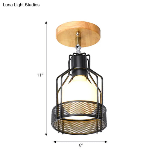 Industrial Loft Ceiling Fixture With Wire Cage And Rotatable Bulb - Black Metallic Semi-Flush Mount