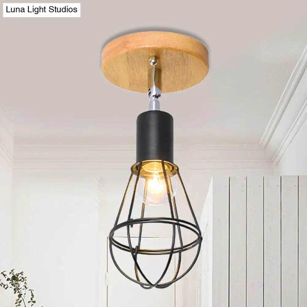Industrial Loft Ceiling Fixture With Wire Cage And Rotatable Bulb - Black Metallic Semi-Flush Mount