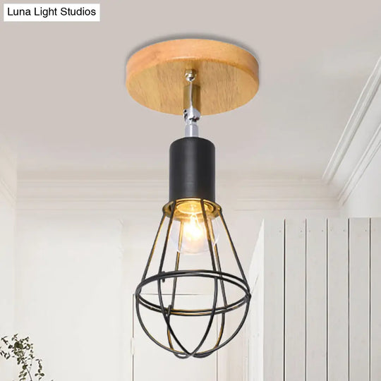 Industrial Loft Ceiling Fixture With Wire Cage And Rotatable Bulb - Black Metallic Semi-Flush Mount