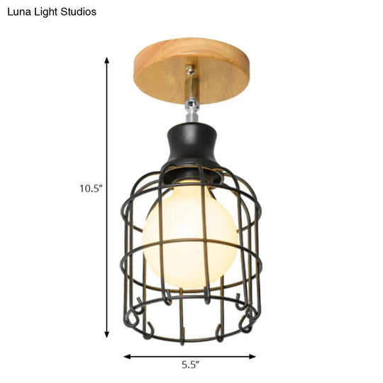 Industrial Loft Ceiling Fixture With Wire Cage And Rotatable Bulb - Black Metallic Semi-Flush Mount