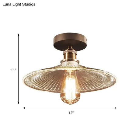 Industrial Mercury Glass Flared Semi Flush Light With Brass Ceiling Mount
