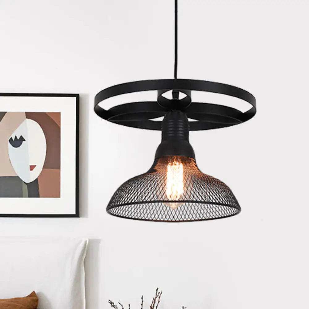 Industrial Mesh Pendant Lamp With Domed Metal Shade And Ring In Black – Stylish Hanging Light