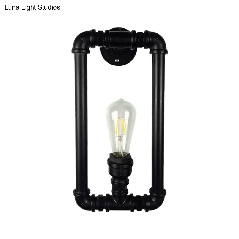 Industrial Metal 1-Light Bedroom Sconce Lamp In Matte Black Rectangle Design With Pipe Detailing