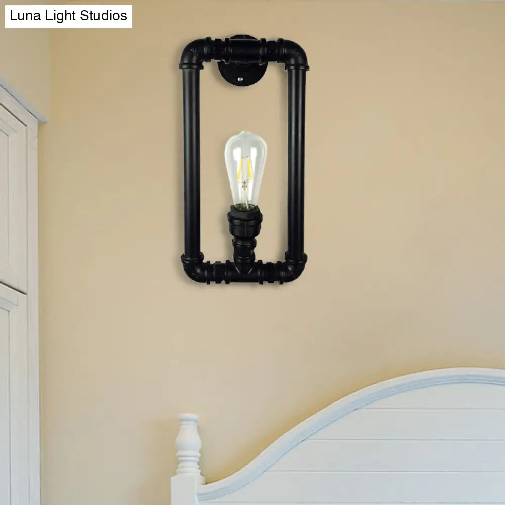 Industrial Metal 1-Light Bedroom Sconce Lamp In Matte Black Rectangle Design With Pipe Detailing