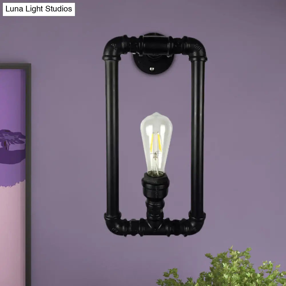 Industrial Metal 1-Light Bedroom Sconce Lamp In Matte Black Rectangle Design With Pipe Detailing